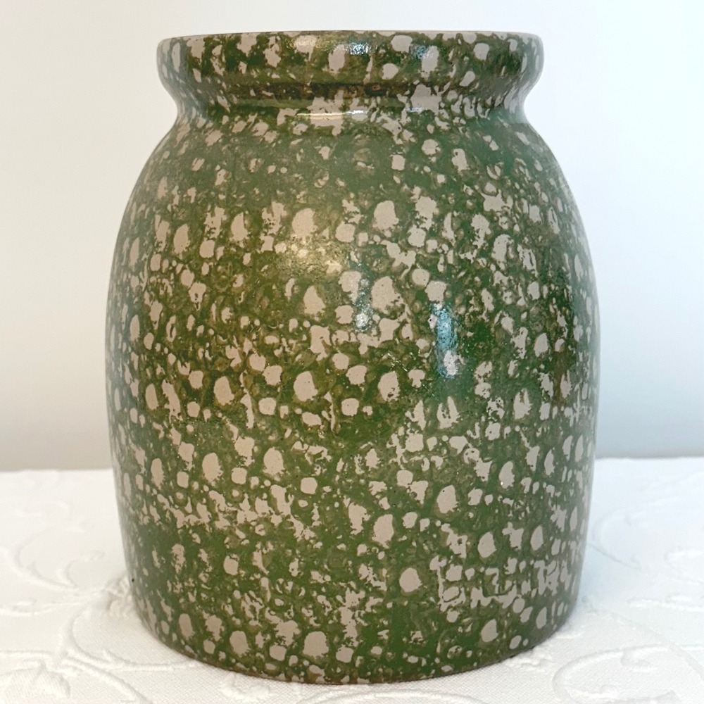 Vintage Beaumont Brothers Pottery 1994 Green Spongeware Stoneware Crock Folk 8"